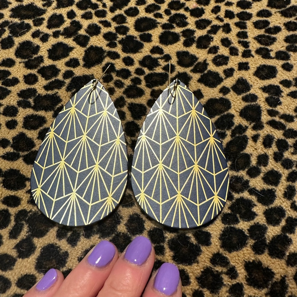 Geometric Blue & Gold Leather Teardrop Earrings - Picture 8 of 8